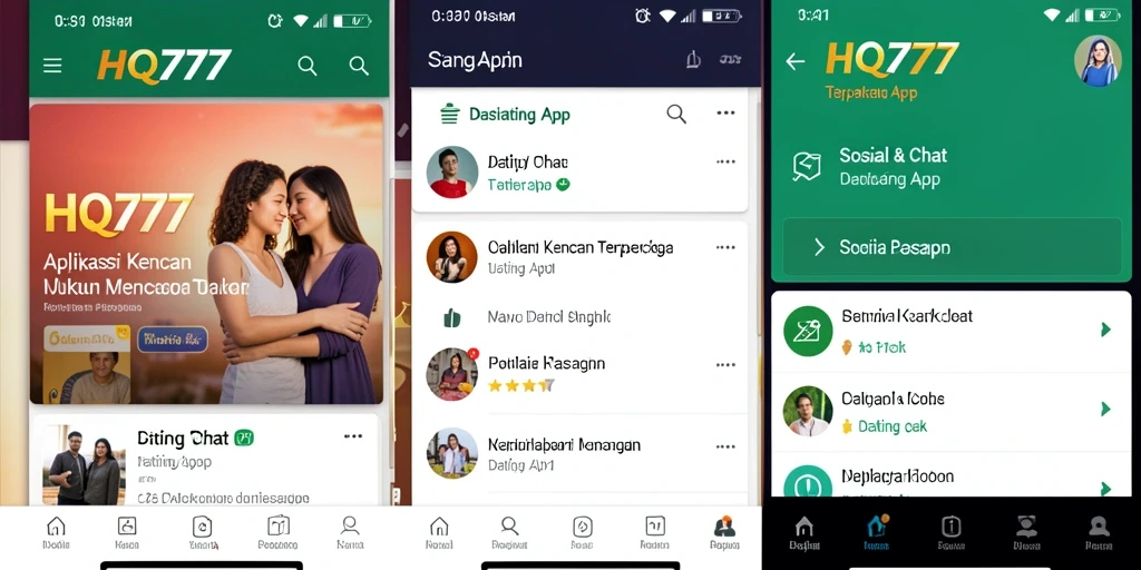 Tampilan antarmuka pengguna HQ777 dengan fitur chat dan profil menarik.